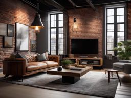 Urban Chic Living Room - Urban chic space with exposed brick and industrial lighting. realistic, professional photography, bokeh, natural lighting, canon lens, shot on dslr 64 megapixels sharp focus