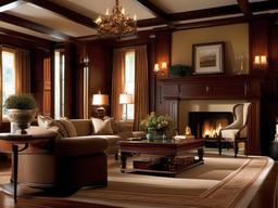 Traditional interior design in the living room features elegant upholstery, a classic fireplace, and rich wood accents that create a warm and inviting atmosphere.  