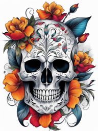 Skull floral tattoo, Artistic tattoos that combine skull motifs with floral elements.  vivid colors, white background, tattoo design