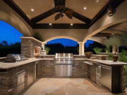 In the outdoor kitchen, Italian Renaissance interior design showcases classic stone finishes, elegant furnishings, and detailed decor that enhance outdoor cooking and entertaining experiences.  