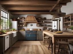 Rustic farmhouse kitchen with exposed wooden beams and vintage appliances.  