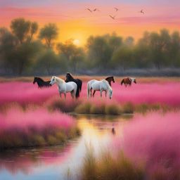 enchanted camargue wetlands - paint a scene from the enchanting camargue wetlands, featuring wild horses, pink flamingos, and marshy landscapes. 