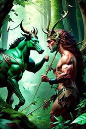 centaur vs satyr - half-human, half-beast rivals compete in an enchanted forest, arrows and flutes in hand. 