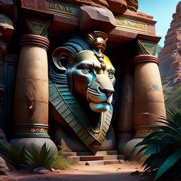 sphinx, the enigmatic guardian, posing riddles to travelers at the entrance of a hidden temple. 