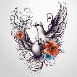 Flower and Dove Tattoos-Whimsical and artistic tattoos featuring both flowers and doves, capturing a sense of natural beauty and symbolism.  simple color tattoo,white background
