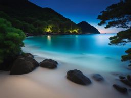 amami islands - create a serene night scene of the amami islands, where bioluminescent waters lap at beautiful beaches, and lush forests conceal unique flora and fauna. 