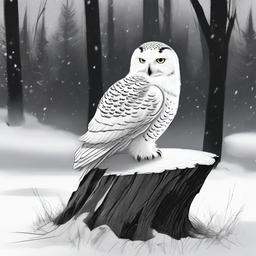 drawing of a snowy owl on a tree stump  minimal rough sketch scribbles,doodles,black and white