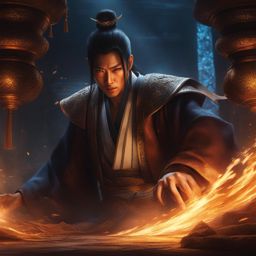 hitori no shita,chulan zhang,unleashing his supernatural powers to vanquish evil spirits,a dimly lit underground temple hyperrealistic, intricately detailed, color depth,splash art, concept art, mid shot, sharp focus, dramatic, 2/3 face angle, side light, colorful background