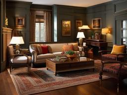 Vintage living room incorporates antique furniture, patterned rugs, and nostalgic decor, creating a warm and inviting environment for socializing.  