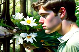 narcissus, the beautiful youth, gazing at his reflection in a shimmering woodland pool. 