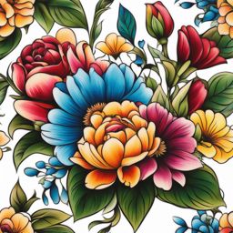 Tattoo flower bouquet, Artistic tattoos representing a bouquet of flowers.  vivid colors, white background, tattoo design