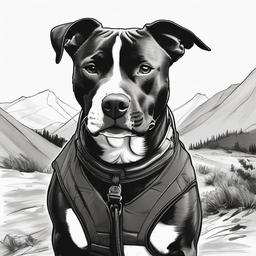 drawing of a pitbull on an outdoor adventure  minimal rough sketch scribbles,doodles,black and white