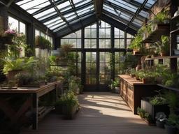 The greenhouse showcases Post-Apocalyptic interior design with a mix of reclaimed materials, rugged decor, and vibrant plants that create an inspiring environment for gardening and plant care.  