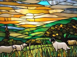 Stained Glass Farm Sheepdog - Sheepdog watching over flock  