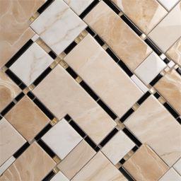 Travertine and marble inlay tile design top view, product photoshoot realistic background, hyper detail, high resolution