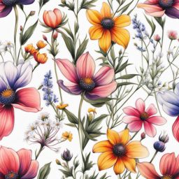 Wildflower tattoo, Tattoos inspired by the charm of wildflowers.  vivid colors, white background, tattoo design