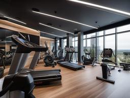 In the gym room, High Tech interior design includes modern equipment, sleek lines, and advanced technology that enhance motivation during workouts while creating a high-tech atmosphere.  