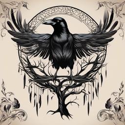 crow tree tattoo  simple vector color tattoo