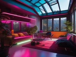 A sunroom with cyberpunk interior design highlights modern furniture, colorful neon decor, and an abundance of light, providing a striking space to relax and enjoy nature.  