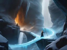 elf sorcerer,elysia frostwhisper,creating an icy bridge,across a treacherous chasm hyperrealistic, intricately detailed, color depth,splash art, concept art, mid shot, sharp focus, dramatic, 2/3 face angle, side light, colorful background