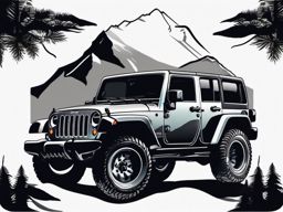 Off-road jeep with mountain silhouette design. Adventure awaits.  color tattoo design, white background