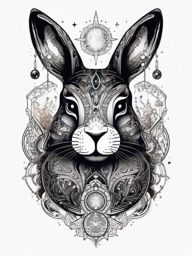 Black rabbit with celestial symbols tattoo. Cosmic bunny connection.  color tattoo, white background