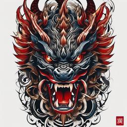 Dragon Oni Tattoo-Bold and intense tattoo featuring a dragon Oni, capturing themes of strength and traditional Japanese aesthetics.  simple color tattoo,white background