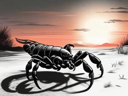 drawing of a scorpion with a sunset background  minimal rough sketch scribbles,doodles,black and white