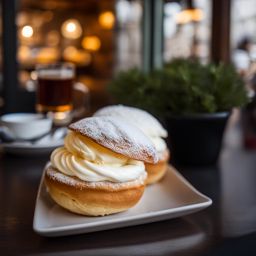 semla, a swedish cream bun, savored at a cozy café in stockholm during fettisdagen. 