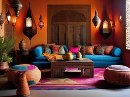 Moroccan living room dazzles with vibrant textiles, low seating, and intricate lanterns, creating an exotic and inviting space for socializing.  