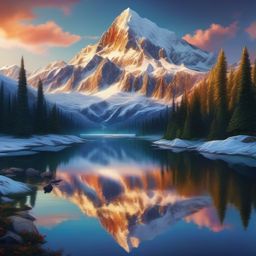 Majestic snow-capped mountain peak, its hidden alpine lake shimmers in gentle afternoon light, reflecting grandeur of towering mountain. hyperrealistic, intricately detailed, color depth,splash art, concept art, mid shot, sharp focus, dramatic, 2/3 face angle, side light, colorful background
