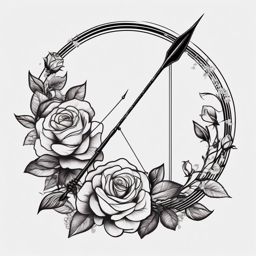 Bow and arrow with roses ink. Floral elegance in archery art.  minimalist black white tattoo style