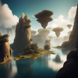 surreal, dreamlike landscape with floating islands and surreal rock formations. 