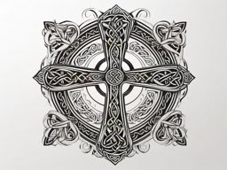 Celtic Cross Tattoo-Celtic cross with nature-inspired elements, combining traditional symbolism with organic motifs. Colored tattoo designs, minimalist, white background.  color tatto style, minimalist design, white background