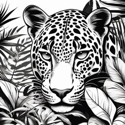 Jaguar Tattoo - Fierce jaguar lurking in the jungle shadows  few color tattoo design, simple line art, design clean white background