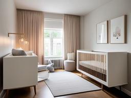 The nursery features Bauhaus interior design with a simple crib, soft colors, and functional furnishings that create a nurturing and serene space for the baby.  