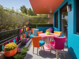 Candy Land balcony showcases colorful outdoor seating, whimsical planters, and playful decor, providing a fun and vibrant space for outdoor enjoyment.  