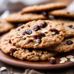 a platter of homemade oatmeal cookies, chewy and studded with raisins and cinnamon. 