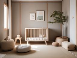 The nursery features Japanese Zen interior design with soft colors, natural materials, and functional furniture that create a cozy and calming space for the baby.  