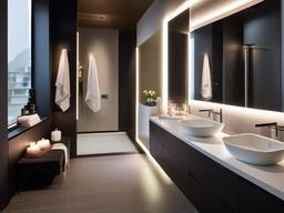 A bathroom with futuristic interior design incorporates touchless faucets, a minimalist layout, and luminous materials that offer a spa-like experience infused with cutting-edge technology.  