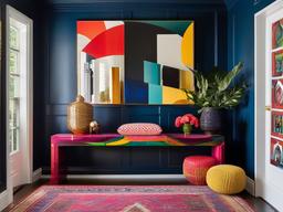 Maximalist entryway showcases bold colors, eclectic decor, and a mix of furniture styles, making it a lively and dynamic space for entering the home.  