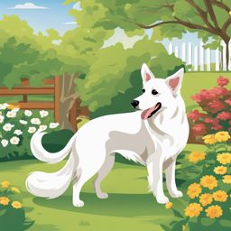 dog clip art: wagging its tail in a sunny backyard. 