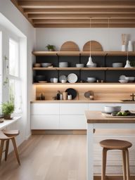 scandinavian-style kitchen with white cabinets and natural wood accents. 