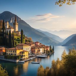 scenic beauty of lake iseo - paint a scenic view of lake iseo in lombardy, with its tranquil waters and charming lakeside towns. 