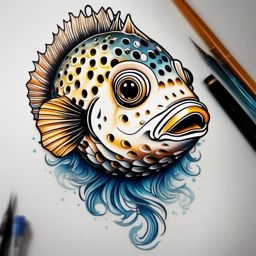 Puffer Fish Tattoo,a captivating tattoo of the charming puffer fish, emblem of uniqueness and adaptability. , color tattoo design, white clean background