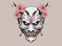 Hannya Mask with Cherry Blossoms - Blends the iconic Hannya mask with the delicate beauty of cherry blossoms in tattoo art.  simple color tattoo,white background,minimal