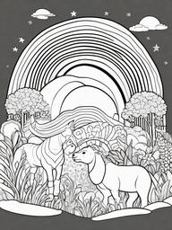 Rainbow Coloring Page - Playful rainbow with joyful animals underneath.  easy,simple,minimal,coloring pages,black and white outline