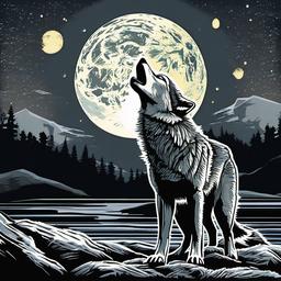 Wolf howling at moon  , vector illustration, clipart