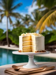 coconut cream cake enjoyed on a tropical island resort with swaying palm trees. 