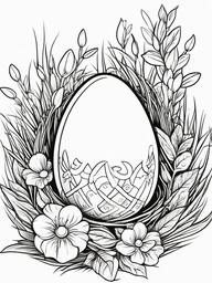 Easter Egg Coloring Pages - Egg in a grassy nest with flowers  simple coloring pages